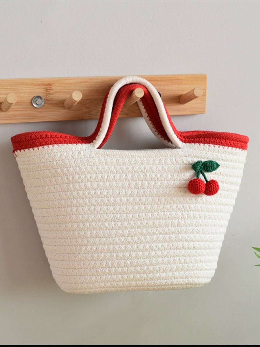 Mori Style Woven Cotton Tote Bag White Red Cherry Crochet Handbag Women New